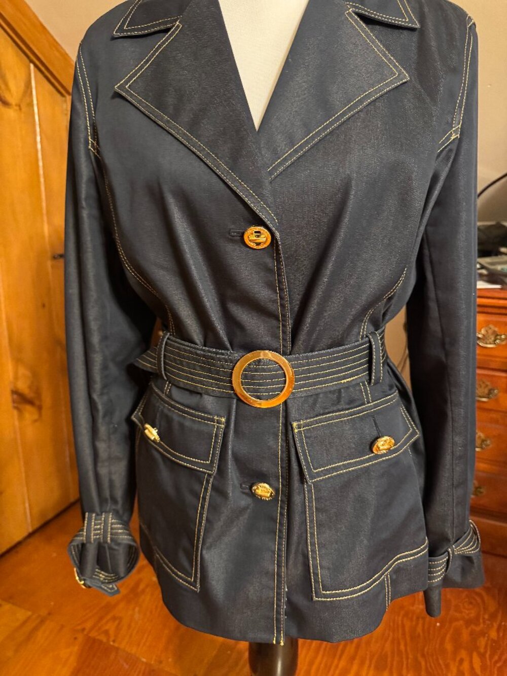 Jones New York Navy Denim Blue Jacket with Gold Tones Buckles Sz L